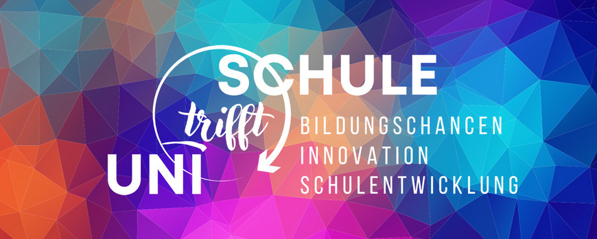 Bunter Hintergrund mit Vernetzungsstruktur. In weiß, das Logo vom Uni trifft Schule mit den diesjährigen Themen: Bildungschancen, Innovation, Schulentwicklung